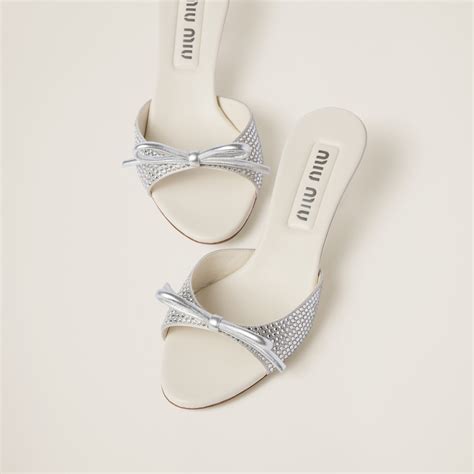 Pearl Gray Satin Sandals With Artificial Crystals .